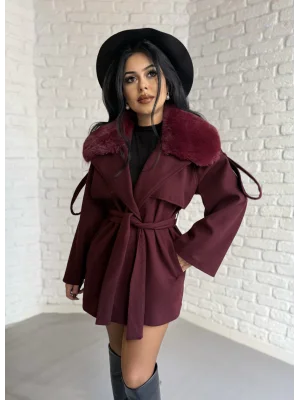 Kadın Çıkarılabilir Kürk Yaka Kaşe Kaban