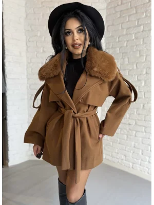 Kadın Çıkarılabilir Kürk Yaka Kaşe Kaban