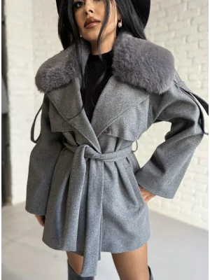 Kadın Çıkarılabilir Kürk Yaka Kaşe Kaban