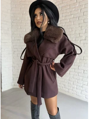 Kadın Çıkarılabilir Kürk Yaka Kaşe Kaban