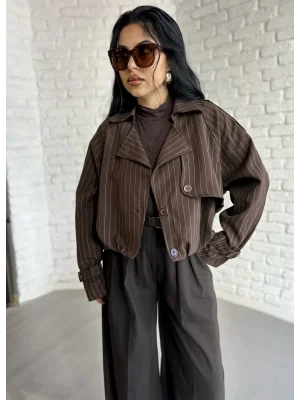 Kadın Çizgili Astarlı Kısa Bomber Ceket