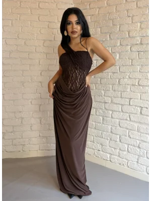 Kadın Dantel Detaylı Dökümlü Uzun Elbise