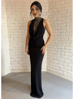 Kadın Dantel Göğüs Ve Sırt Dekoltesi Drapeli Elbise