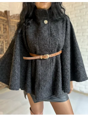 Kadın Dik Yaka Keçe Kemerli Panço