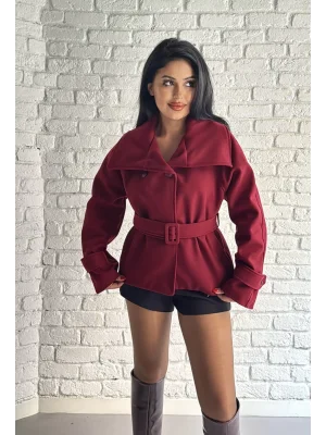 Kadın Dik Yaka Kısa Kemerli Kaşe Kaban