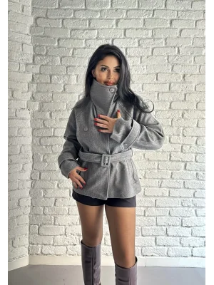 Kadın Dik Yaka Kısa Kemerli Kaşe Kaban