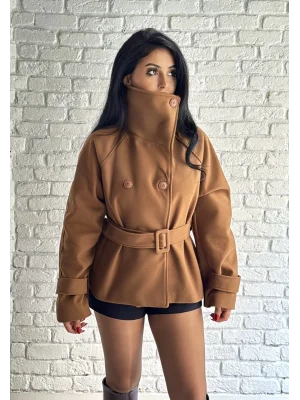 Kadın Dik Yaka Kısa Kemerli Kaşe Kaban