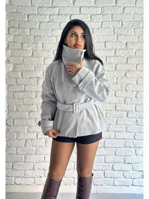 Kadın Dik Yaka Kısa Kemerli Kaşe Kaban