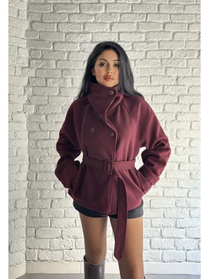 Kadın Dik Yaka Kısa Kemerli Kaşe Kaban