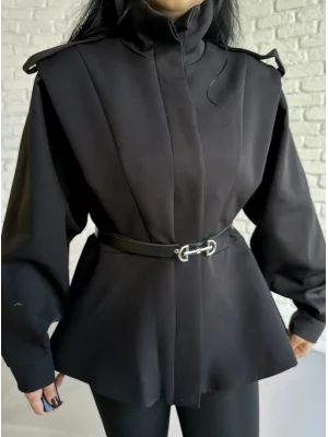 Kadın Dik Yaka Vatkalı Siyah Kemerli Ceket