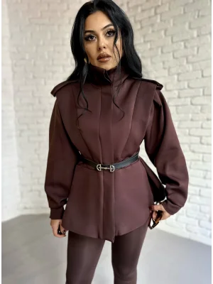 Kadın Dik Yaka Vatkalı Siyah Kemerli Ceket