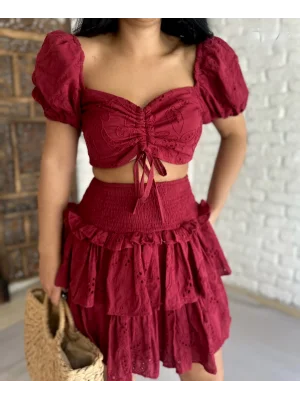 Kadın Fisto Desenli Crop Ve Kat Kat Etek Takım