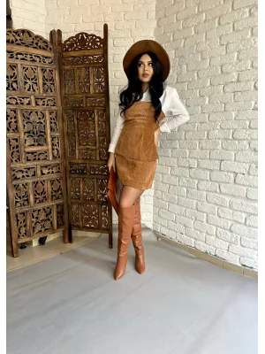 Kadın Fitilli Kadife Straplez Bluz Ve Etek Takım