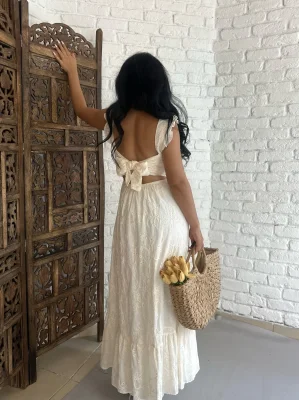 Kadın Fiyonk Bağlama Detaylı Sırt Dekolteli Fırfırlı Fisto Elbise