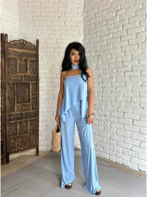 Kadın Fularlı İkili Straplez Bluz Ve Pantolon Takım