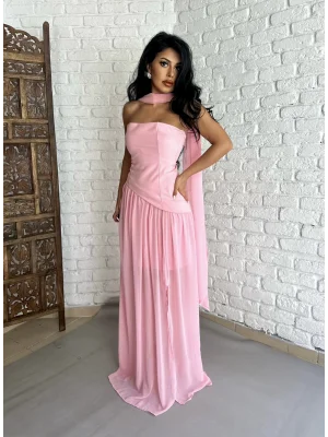 Kadın Fularlı Straplez Tül Uzun Tasarım Elbise