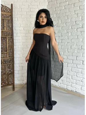 Kadın Fularlı Straplez Tül Uzun Tasarım Elbise