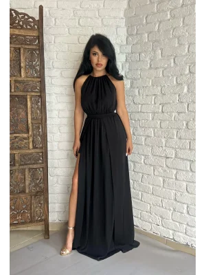 Kadın Gold Aksesuarlı Yırtmaçlı Uzun Elbise