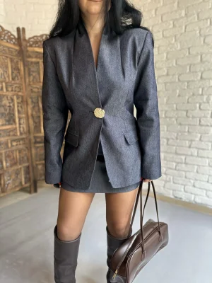 Kadın Gold Düğmeli Denim Ceket Ve Etek Takım