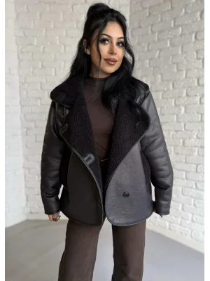 Kadın İçi Peluşlu Oversize Deri Mont