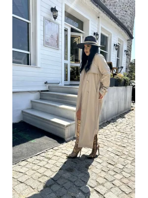 Kadın İçi Süet Kemerli Uzun Deri Trençkot