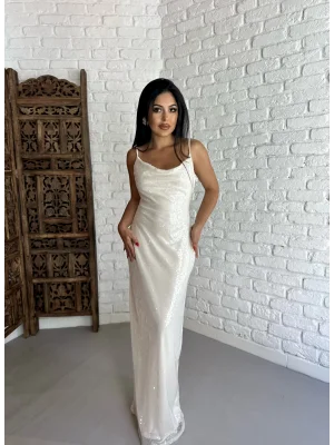 Kadın İnce Askılı Uzun Payetli Tasarım Elbise