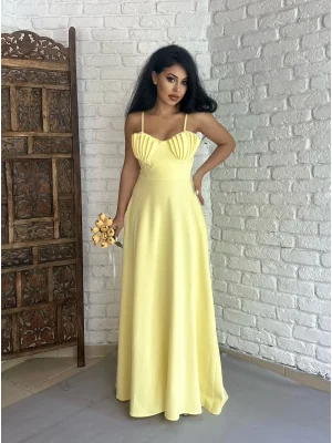 Kadın İstiridye Göğüs Detaylı Uzun Askılı Elbise