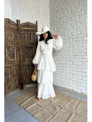 Kadın İthal Gül Aksesuarlı Fırfırlı Fisto Elbise