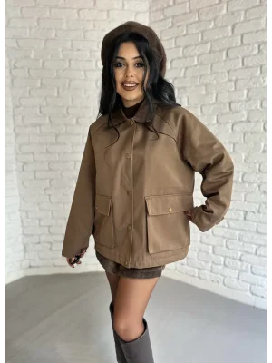 Kadın Kadife Yakalı Çift Kapaklı Mont