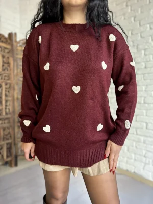 Kadın Kalp Nakışlı Oversize Triko Kazak