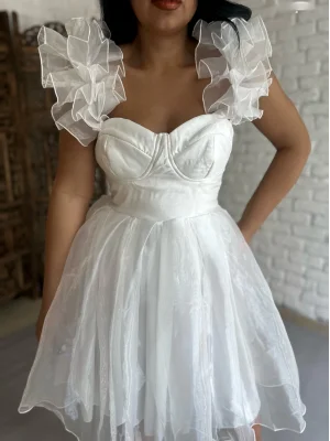 Kadın Kalp Yaka Kol Detaylı Tül BELLA Elbise