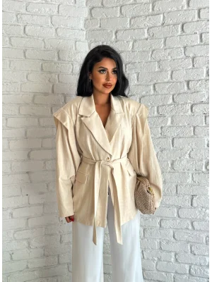 Kadın Keten Kuşaklı Vatkalı Ceket