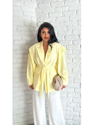 Kadın Keten Kuşaklı Vatkalı Ceket