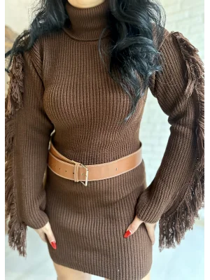 Kadın Kolları Püsküllü Triko Elbise