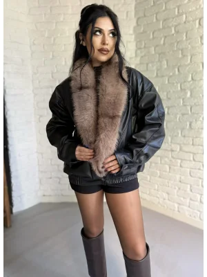 Kadın Kürk Yaka Beli Lastikli Deri Ceket