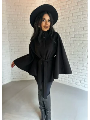 Kadın Kuşaklı Dik Yaka Kaşe Panço