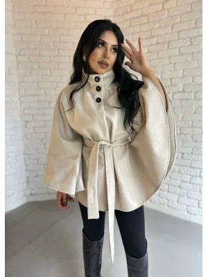 Kadın Kuşaklı Dik Yaka Kaşe Panço