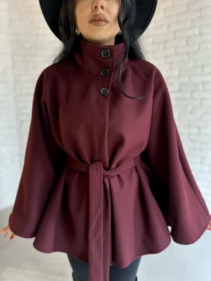 Kadın Kuşaklı Dik Yaka Kaşe Panço