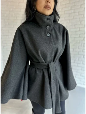 Kadın Kuşaklı Dik Yaka Kaşe Panço