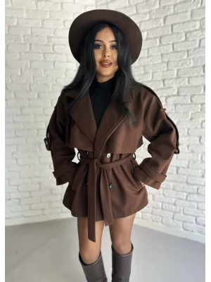 Kadın Kuşaklı Oversize Kısa Kaşe Kaban