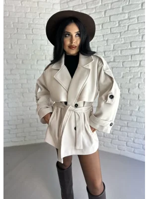 Kadın Kuşaklı Oversize Kısa Kaşe Kaban