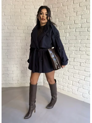 Kadın Kuşaklı Oversize Kısa Kaşe Kaban