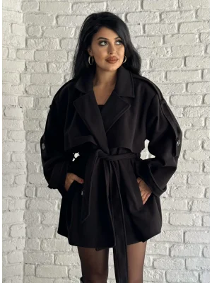 Kadın Kuşaklı Oversize Kısa Kaşe Kaban