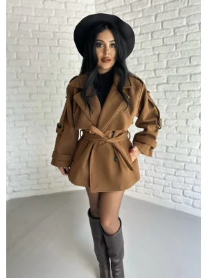 Kadın Kuşaklı Oversize Kısa Kaşe Kaban