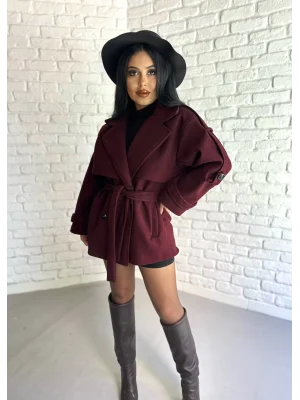 Kadın Kuşaklı Oversize Kısa Kaşe Kaban