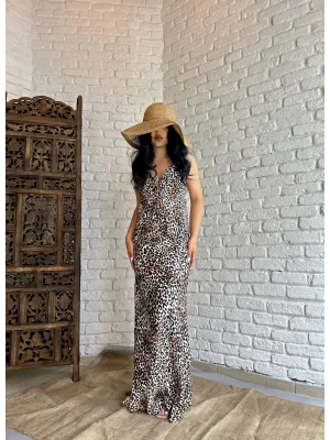 Kadın Leoparlı Önü Bağcıklı Bluz Ve Saten Etek Takım