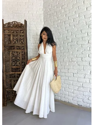 Kadın Özel Tasarım Boyundan Bağlamalı Keten Elbise