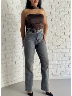 Kadın Paçası Kesin Likralı Yıkamalı Likralı Straıght Jean