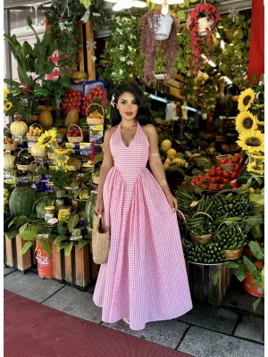 Kadın Pembe Pötikareli Prenses Elbise