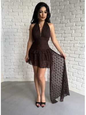 Kadın Pileli Boyundan Düğmeli İçi Şortlu Mini Dantel Elbise